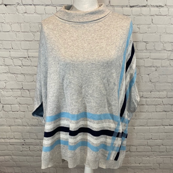 TALBOTS Sweater Poncho Gray with Blue & White Stripes & High Neck-S/M - Picture 1 of 3